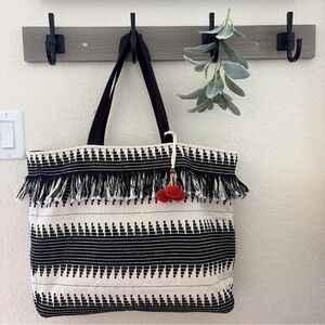 Boho Woven Fringe Tote Bag Black Cream Tassel Detail